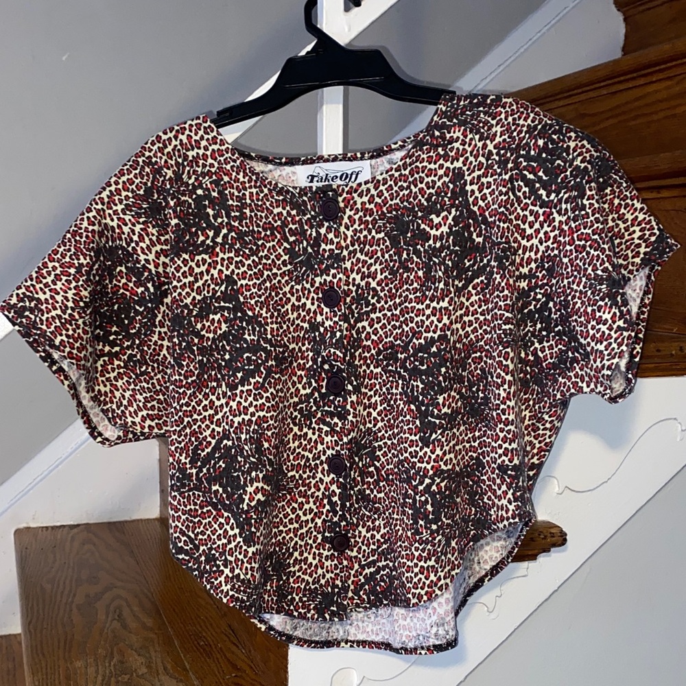 Take off Leopard Print Button Down Shirt Black Cream size small